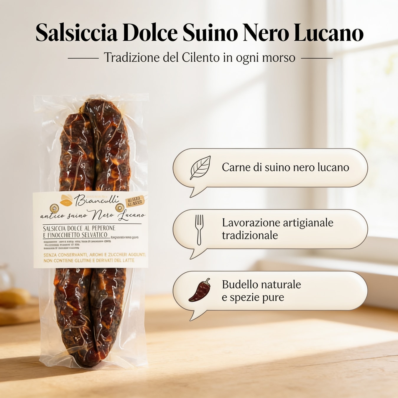 Salsiccia dolce al peperone di Suino Nero Lucano 180g 2
