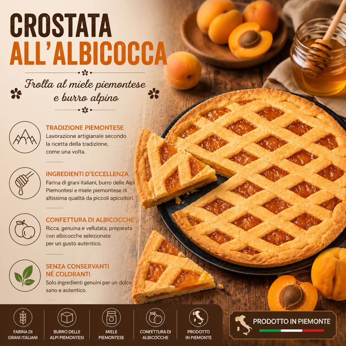 Crostata all'Albicocca 250g con miele e burro del piemonte 2