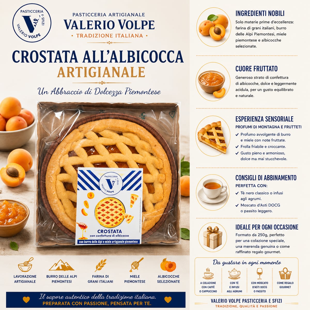 Crostata all'Albicocca 250g con miele e burro del piemonte 3