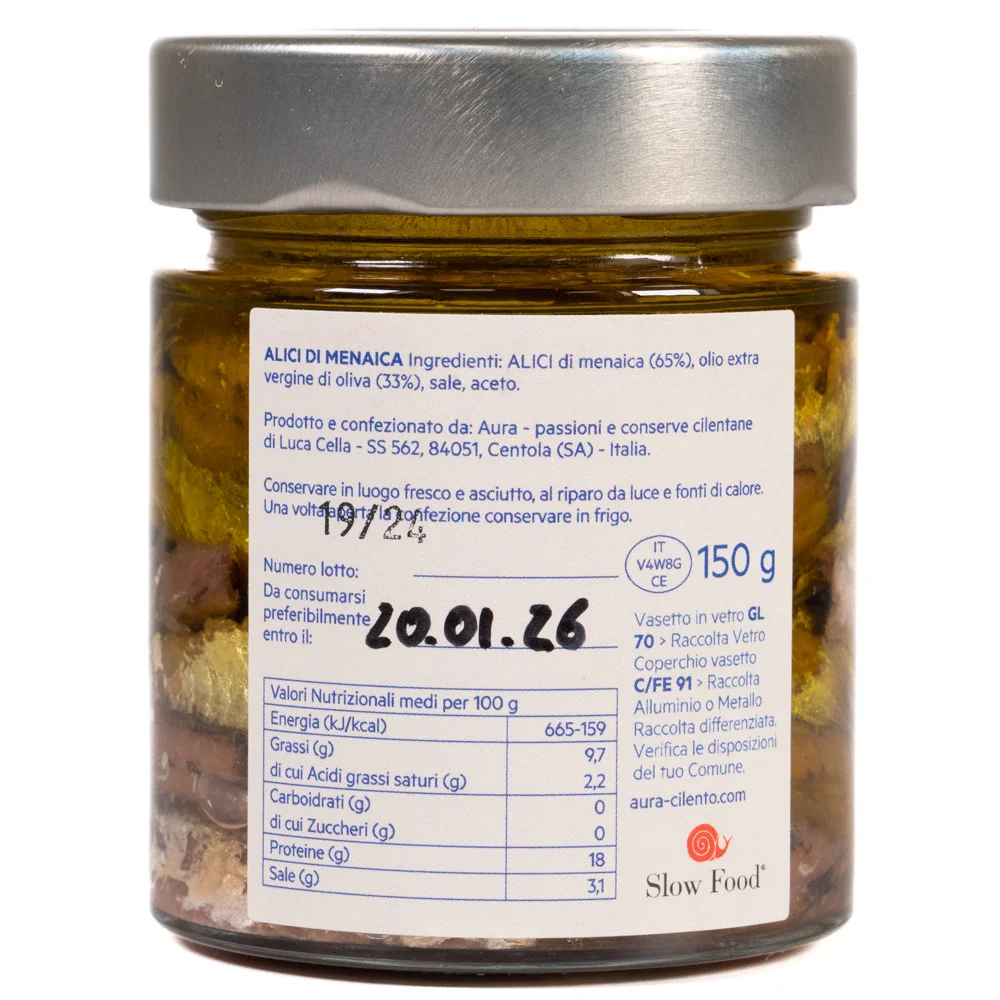 Menaica Anchovies in Cilento EVO Oil 150g - Slow Food Presidium - Aura 3