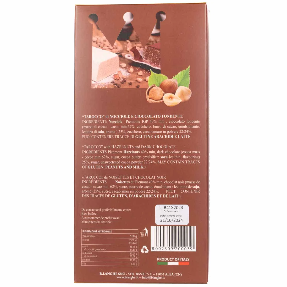 "Tarocco" Hazelnut and Dark Chocolate Bar 200g 2