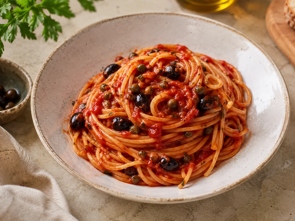 Pasta alla Puttanesca con Olive Taggiasche